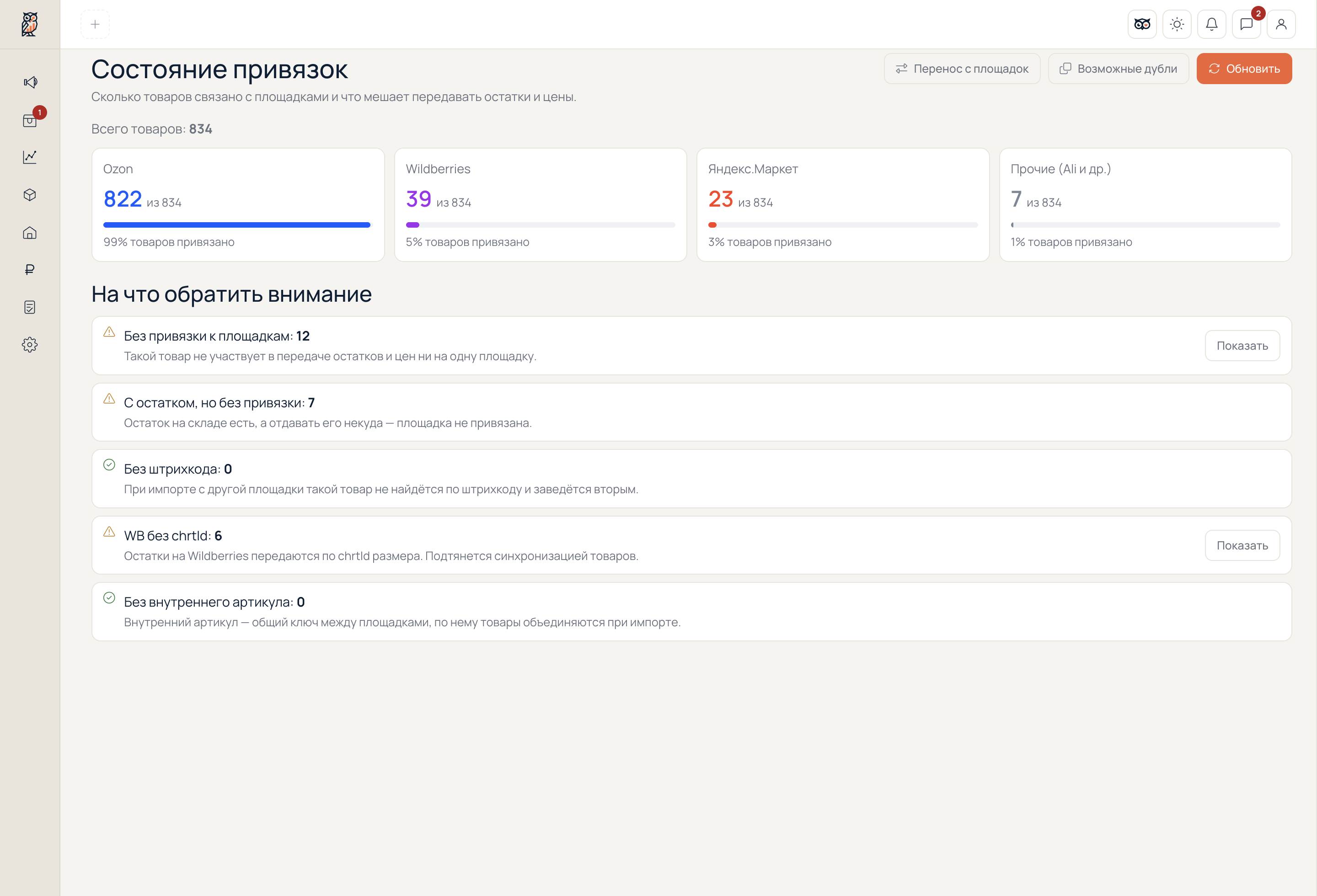 Состояние привязок товаров к маркетплейсам в OWLS Seller